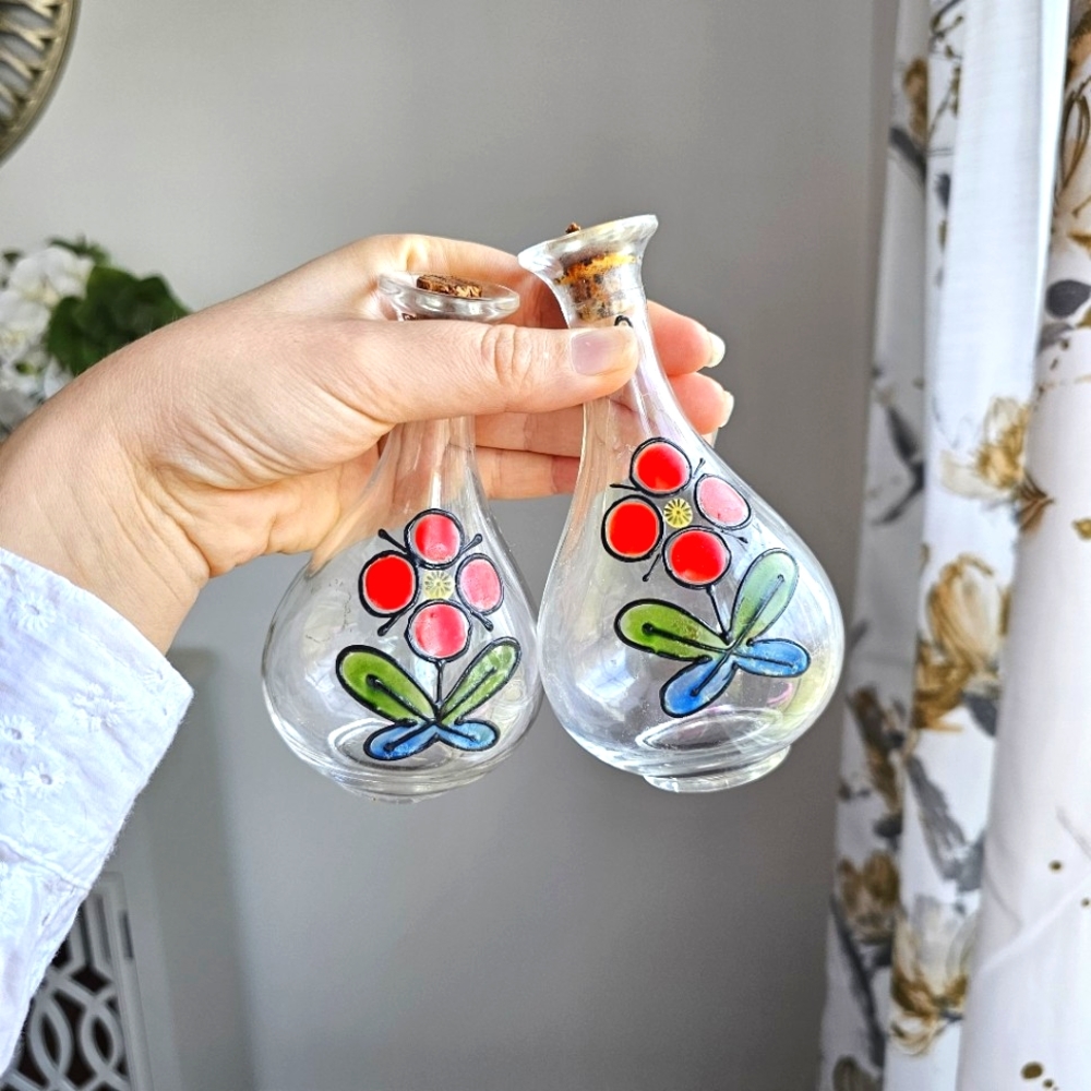 Antique Handpainted Glass Cruet Set Red Flowers, Wood Stoppers, Made in Japan